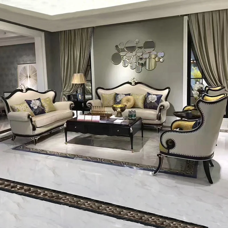 2020 Luxury French Baroque Living Room Set/Royal Palace Antique 3 Seater Classic European Style Leather Sofa