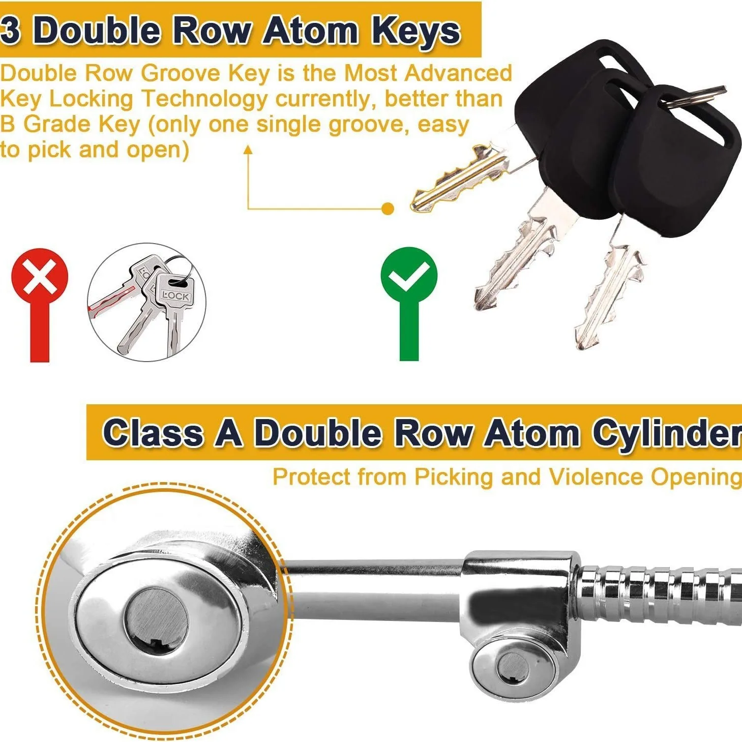 Car Anti-Theft Lock with Three-Section Hook and Steel Material 3 Keys Included for Steering Wheel Security