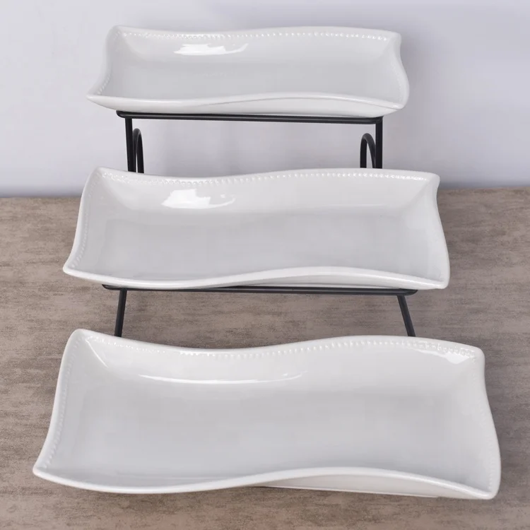 Birthday used white long cake plate set wholesale dinnerware fruit plate with iron rack