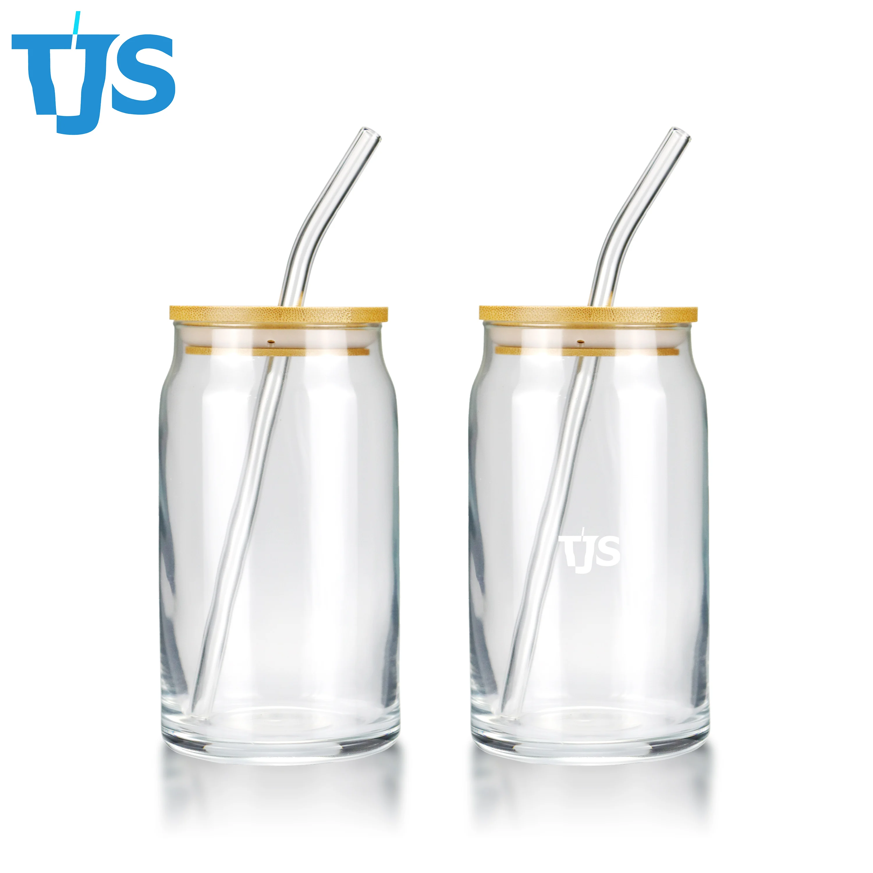TJS 12oz 16oz Sublimation Glass Beer Mug Clear Glass Frosted Glass Can Coffee Mug With Bamboo Lid and Straw