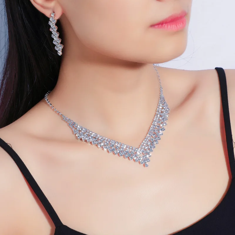 Wedding Bridal Austrian Crystal Necklace And Earring Accessories Luxury Fashion Jewelry Set For Women