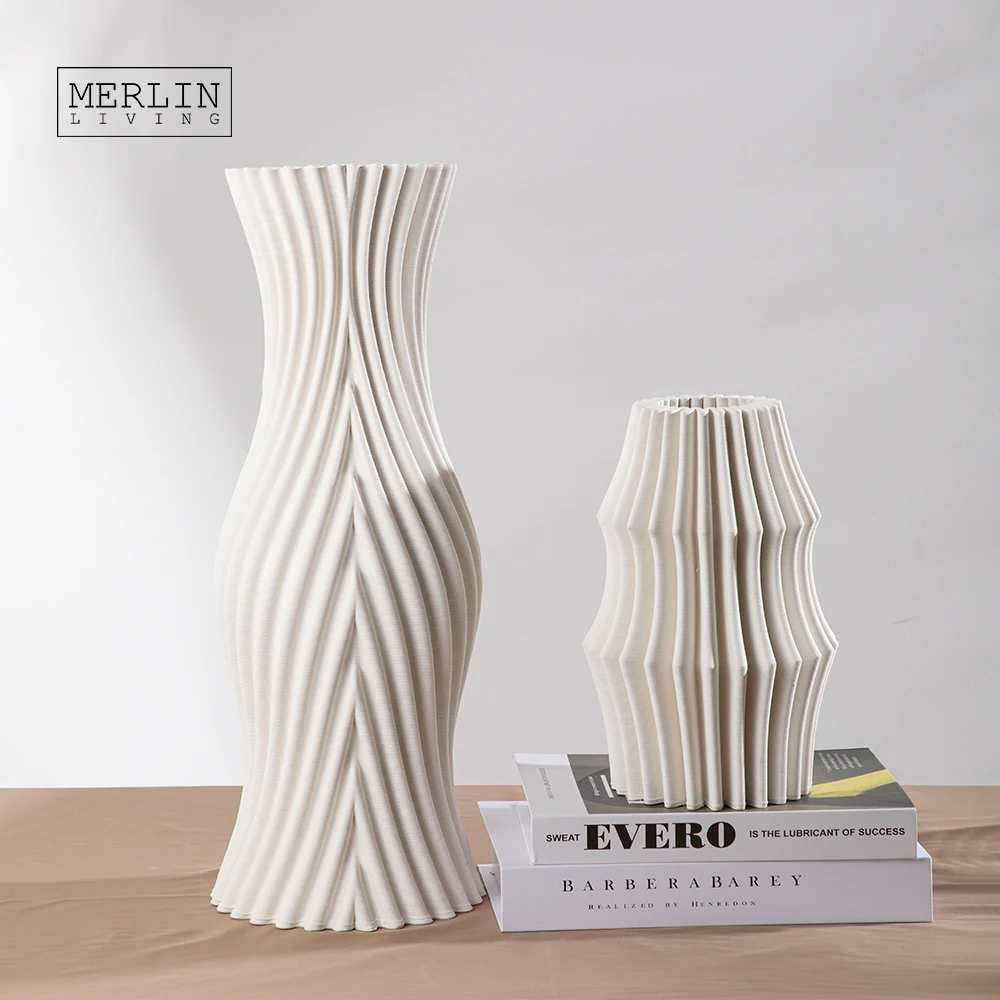 Merlin Living 3D Printing Vase Modern Creative Corrugated Ceramic Vase Design  For Home Decor Chaozhou Ceramic Factory Custom
