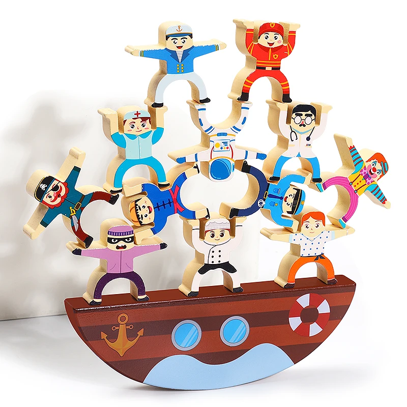 High Quality Wooden Children Play Stacking Pirate Ship Blocks Balance Building Block Toy