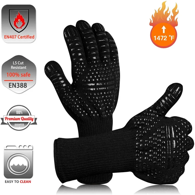 Sturdyarmor Black Dotted Silicone Cooking Kitchen Oven Barbecue Heat Resistant BBQ Gloves 1472F Aramid Grill Cooking Gloves