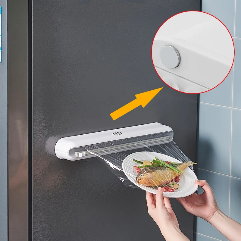 Hoot Home Kitchen Food Storage Cling Film Cutting Box Wall-mounted Suction Cup Adjustable Plastic Wrap Cutter Dispensers