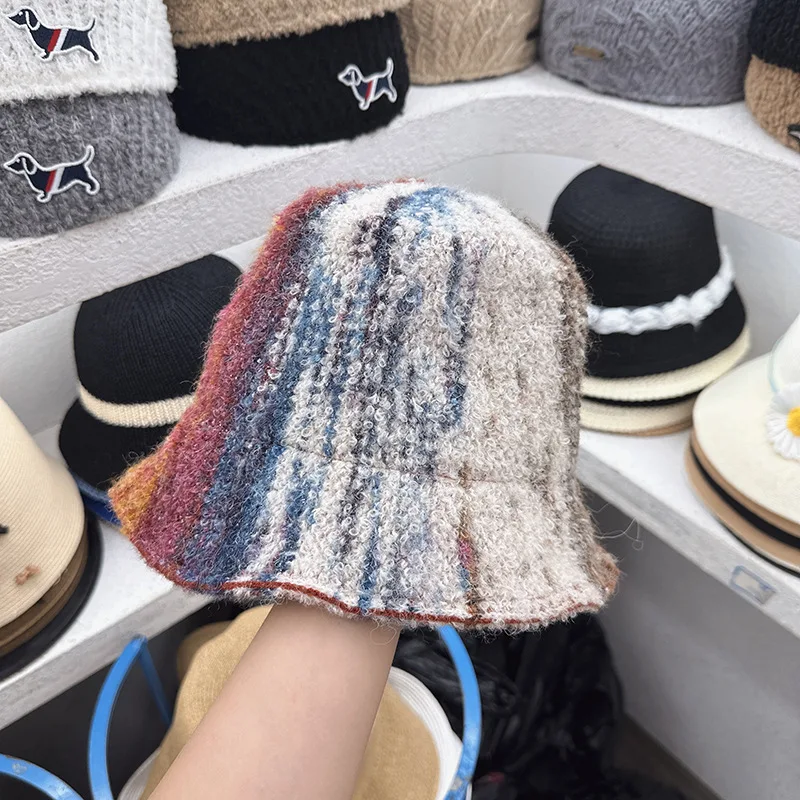 Fashion Mens Winter Wool Felt Knitted Stripe Bucket Hat Unisex Outdoor Windproof Fleece Hat