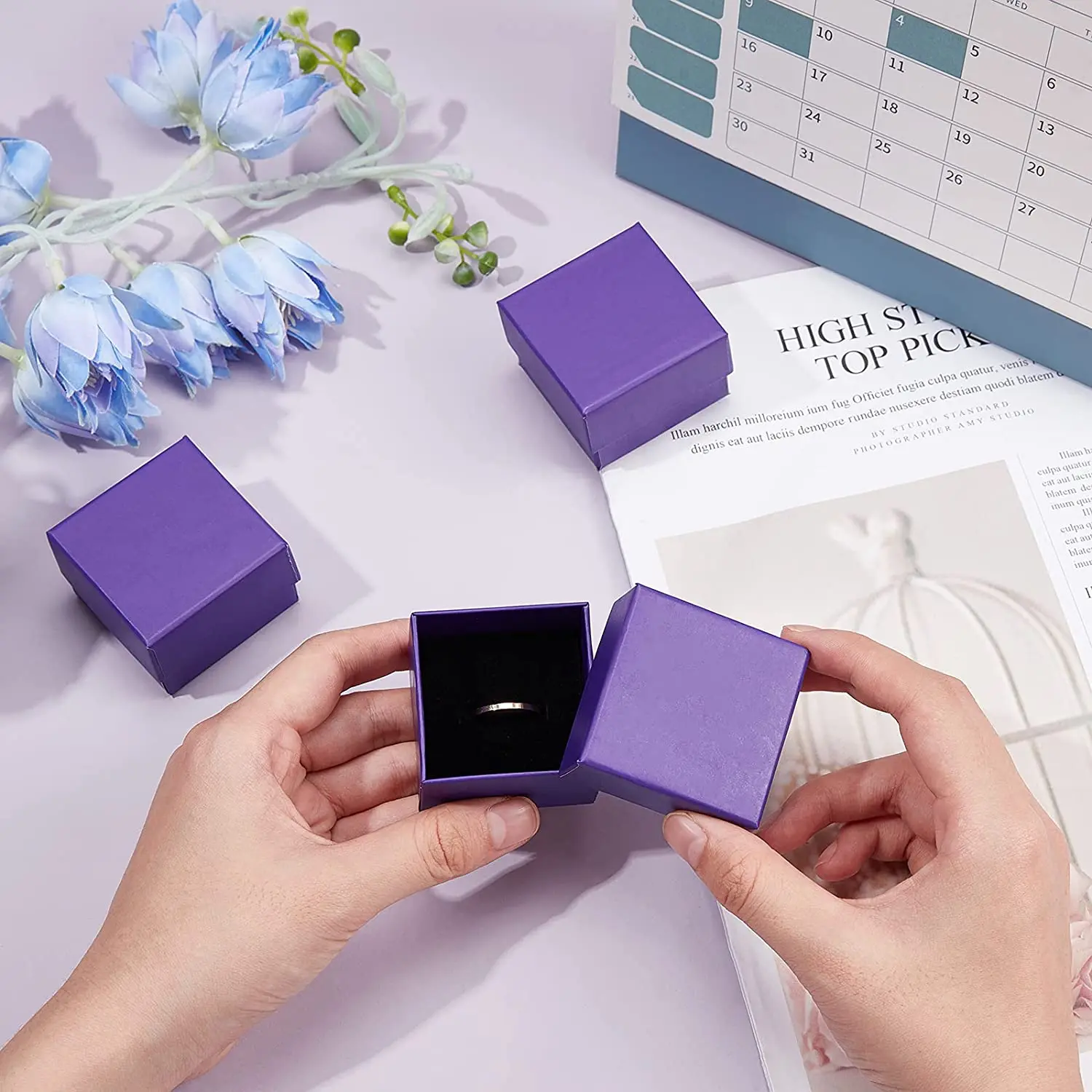 Purple Cardboard Paper Jewelry Box Small Gift Packaging Box With Paper Divider