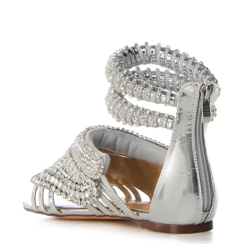 Roman Styles Footwear Silver Diamonds Flat Sandals Women Back  Zipper Flat Heels Girls