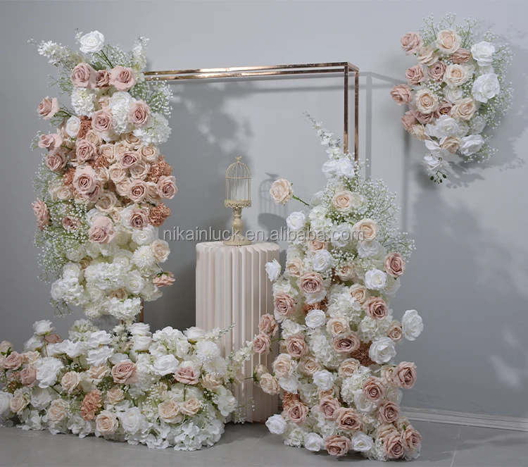 Romantic artificial flower row pink and white rose Baby breath flower flower panel with acrylic backdrop for wedding decor
