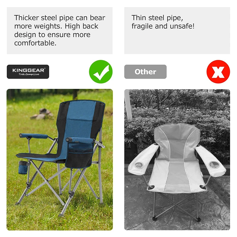 KingGear Outdoor Picnic 350 LBS Capacity Heavy Duty Camping Chair HighBack Padded Arm Chair Folding Camp Chair with Cup Holder