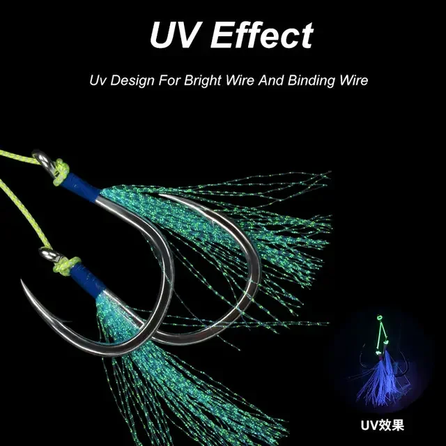 New UV Glow 1/0#-7/0# Steel Wire Assist Hook for Jig Lure Shore Jigging Twin BKK Hook for Shrimp and Squid Fishing