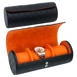 Dropshipping 3 Slots Round Black Watch Roll Leather Portable Travel Watch Case Box