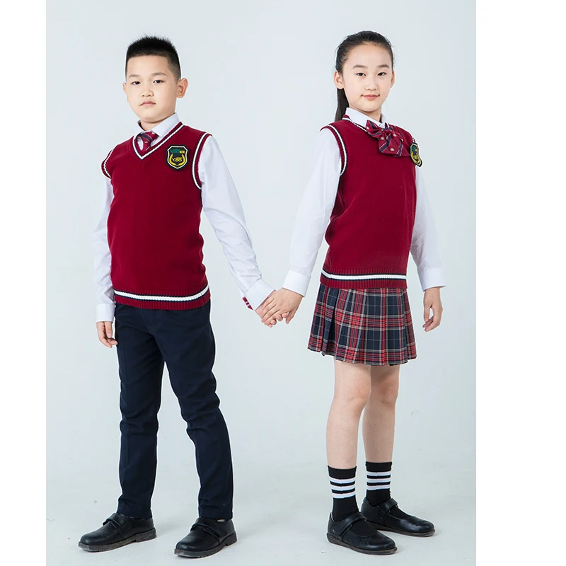 OEM  Beautiful Girls High School Uniform Custom Korean Dress Plaid Skirts Pants Sweater Suit Kids Uniform