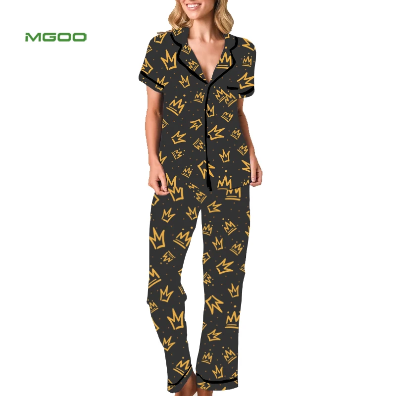 
MGOO Custom Queen Crown Pajama Set Ladies Leisure Short Sleeve Shorts Sleepwear Luxury Silky Satin Pyjama Set 