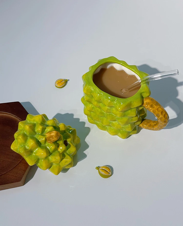 Unique 3D Fruit Durian Mug Cute Ceramic Strawberry Orange Mug Cups Coffee Milk Large Capacity Mug for Gift