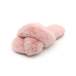 Cozy Open Toe Band Cross Slippers Winter Indoor Outdoor Home Ladies Fluffy Slides Plush Faux Fur Slippers for Women