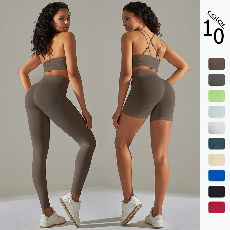 High Quality 4 Pieces Seamless Sports Yoga Halters&Cross Back Bra&Shorts&Leggings Sets Gym Power Training Outfits For Women