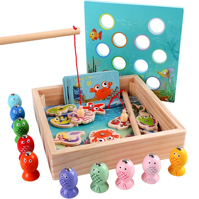 MU Wooden Early Education Magnetic Fishing Toy Montessori Catch Worm Educational Fishing Toys