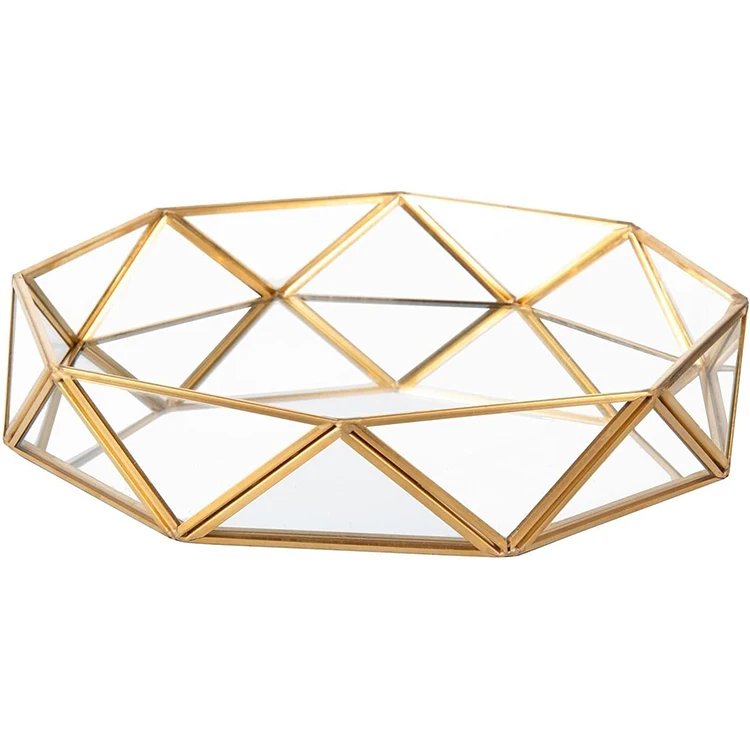 Gold Glass Perfume Tray Mirror Vanity Jewelry Trinket Organizer Tray Cosmetic Makeup Geometric Shape Display Decorative Tray