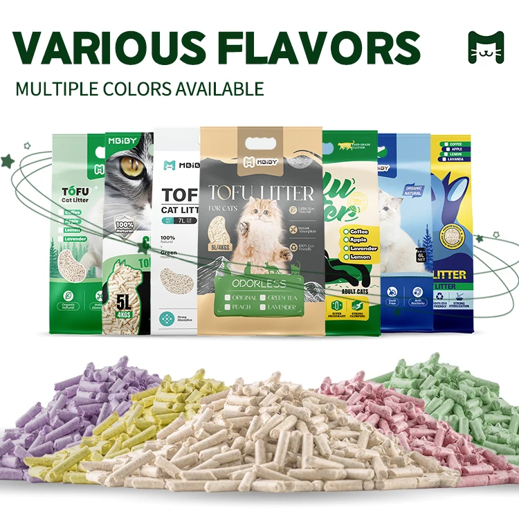 Mbiby OEM ODM premium striped 2.5kg Tofu Cat Litter Dust-Free quick clumping High Quality Natural Tofu Cat Litter oem Wholesale