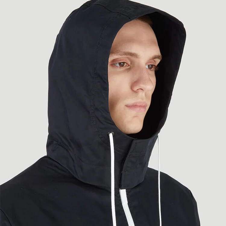 High Quality Custom 61%Cotton 39%Polyester Knitting Mens Stand Collar Anorak Pullover Jacket with Detachable Drawstring Hood