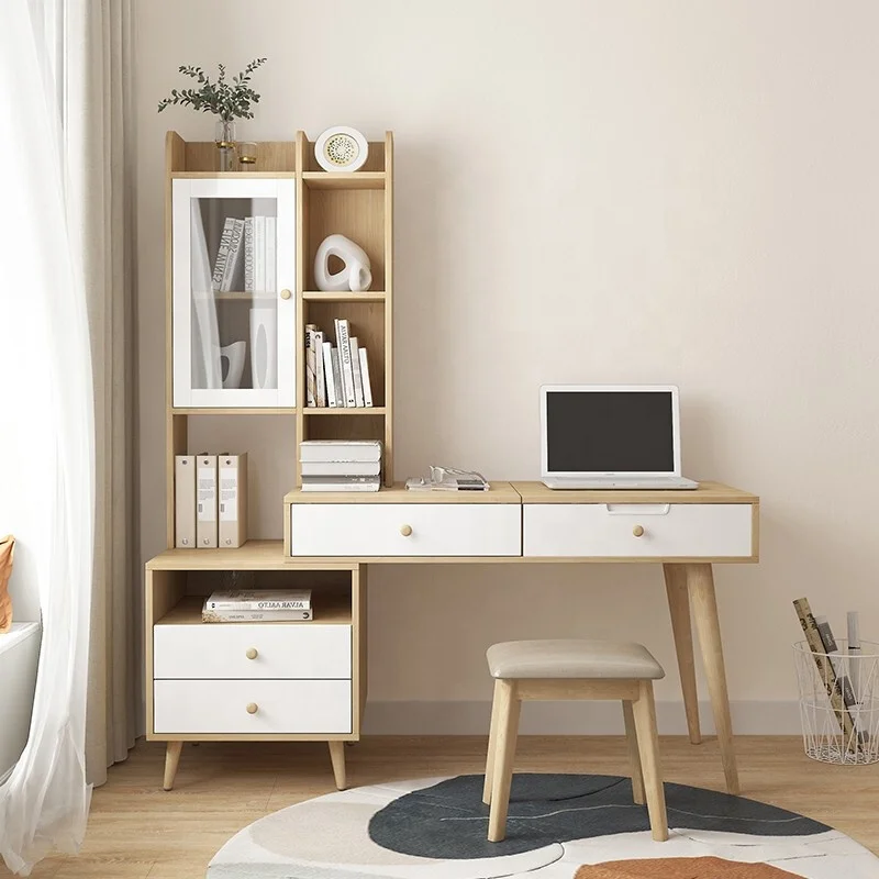Study Furniture Drawer Mirror Organizer Set Computer Home Wooden Adjustable Desk With Bookcase Shelf