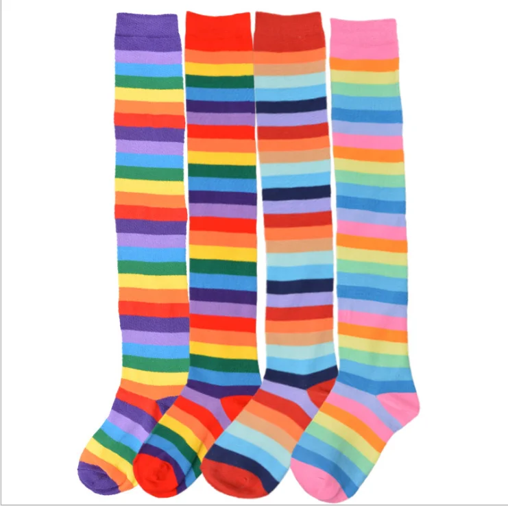 Wholesale Women Socks Rainbow Halloween Colorful Fluorescent Seamless Striped Thigh High Socks