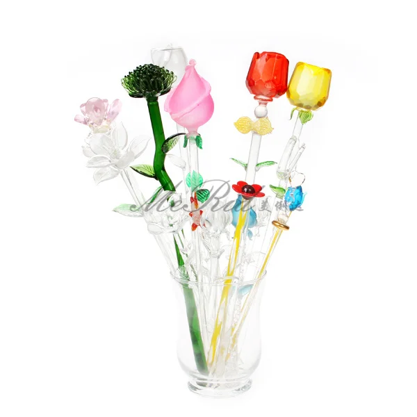 Customized Colored Murano Art Lampwork Long Stem Glass Craft Flower Rose Wholesale Eco-friendly
