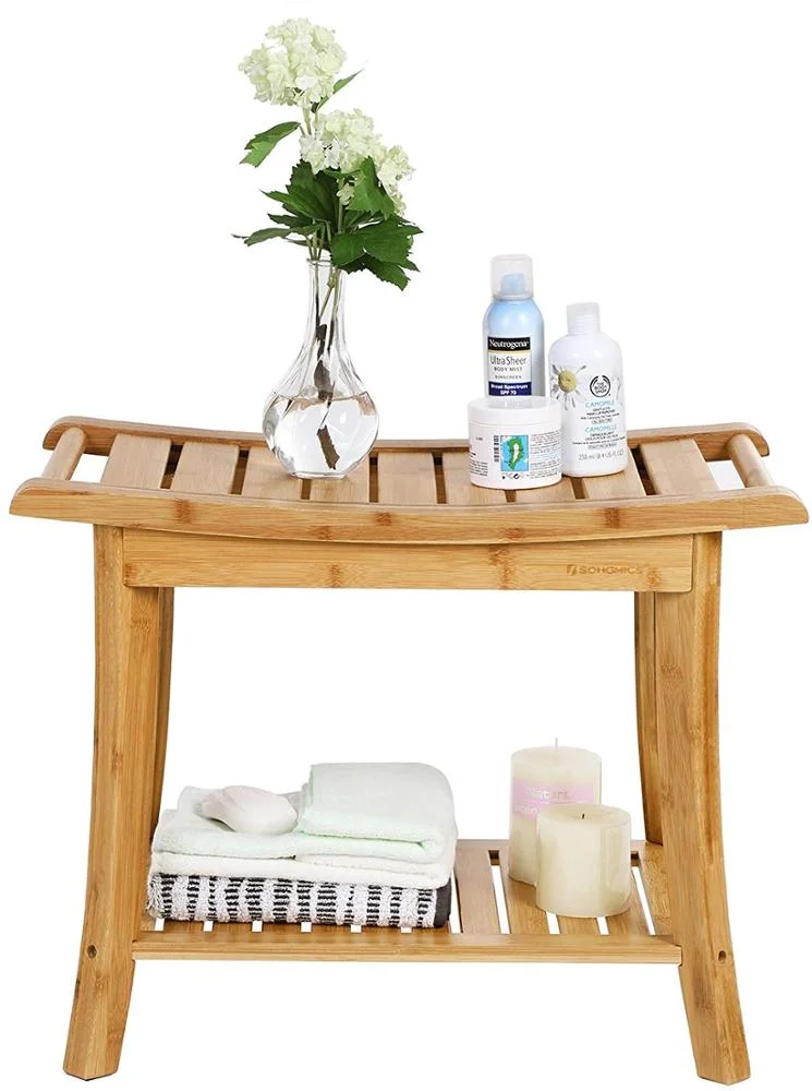 Bamboo Shower Bench and Foot Stool Set for Inside Shower - Wooden Bath Chair Waterproof Bathroom Seat with Storage Shelf