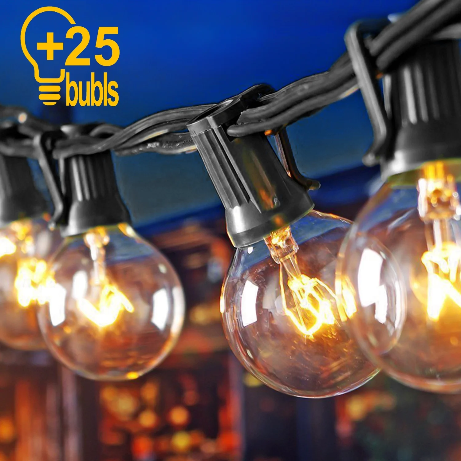 
Американская 25-футовая лампа с 25 розетками для внутреннего дворика, кафе, уличное украшение, круглые винтажные лампы G40, водонепроницаемая гирлянда, уличный светильник 