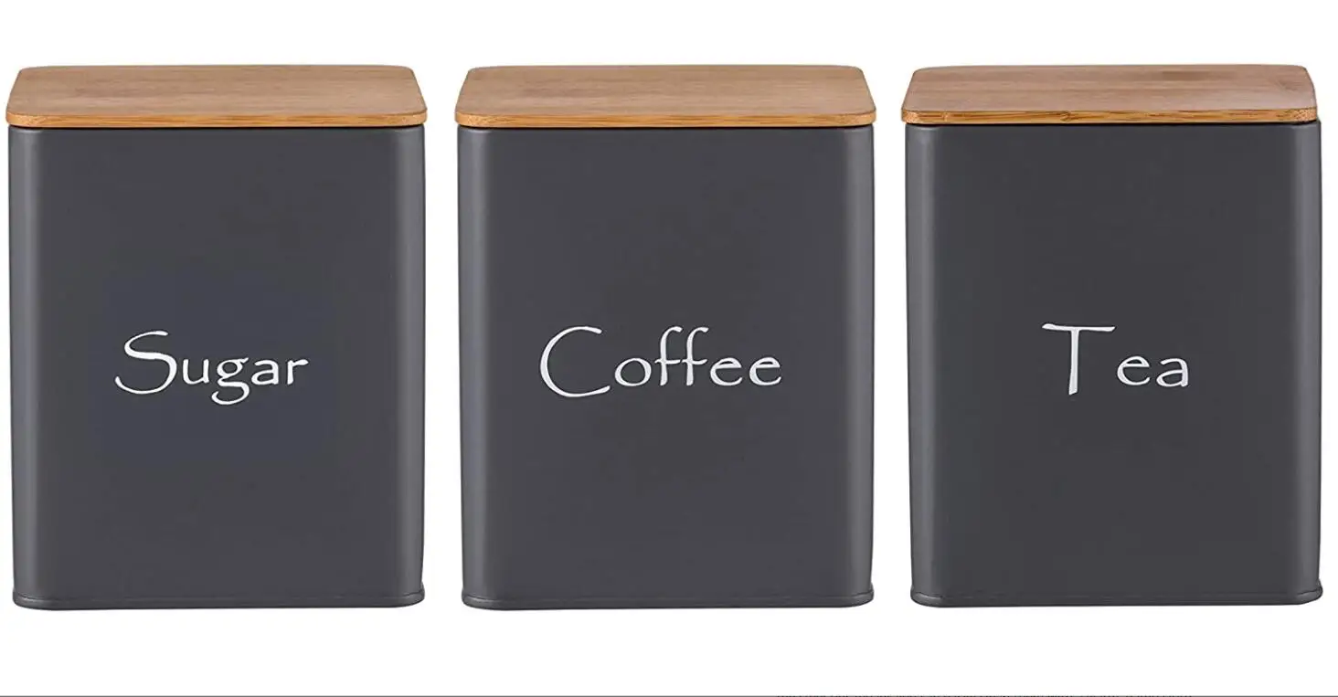 Kitchen Tea Coffee Sugar 3 Piece Square Storage Container Set Dark Grey Canisters Metal Tins with Bamboo Lids