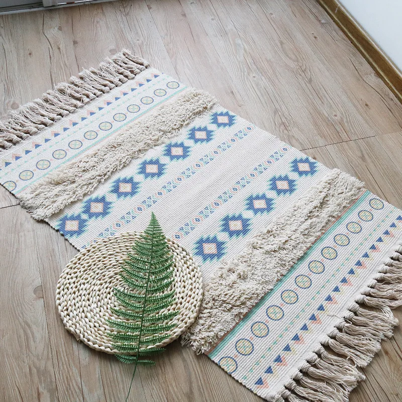 Boho Machine Washable Cotton Woven Tufted Area Rug with Tassels Moroccan Printed Bath Rug Indoor Doormats Entryway Rug