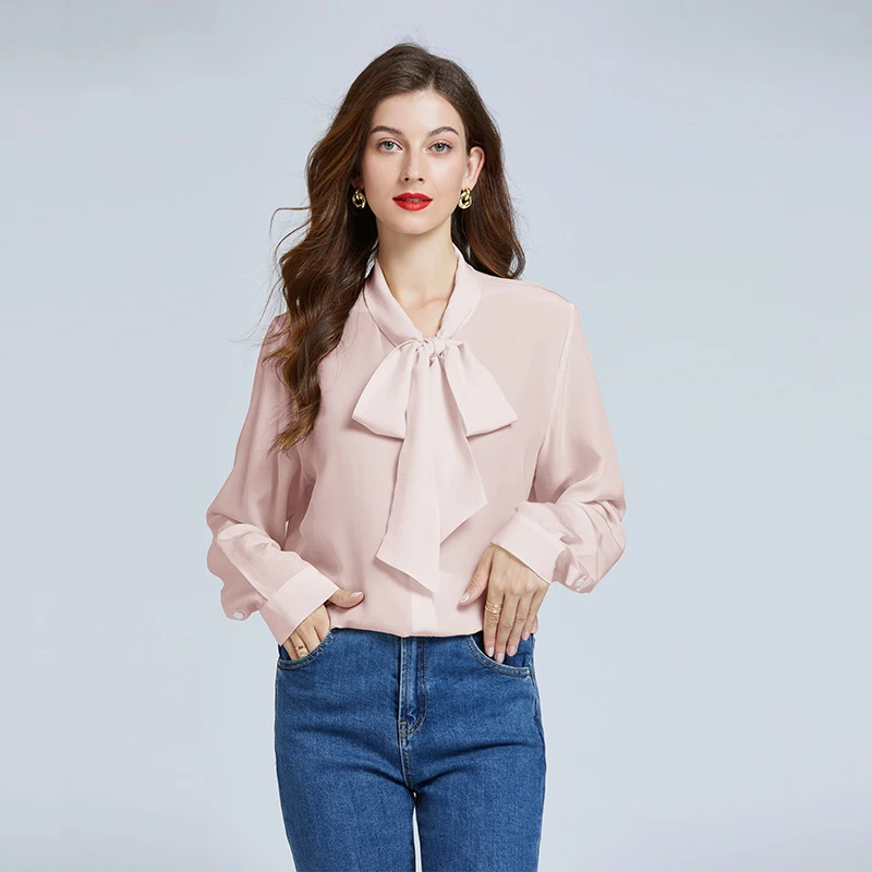High Quality Basic Silk Blouses Crep De Chine Bow Tie 100% Mulberry Silk Shirts For Women