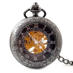 Wholesale Antique Skeleton Black mechanical watches Hand Winding Retro Roman pocket watch