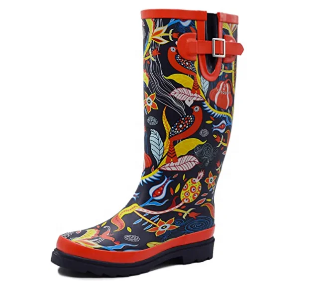 Trendy stylish best floral pattern wide calf plus size grey rubber waterproof rain wellies boot for women ladies