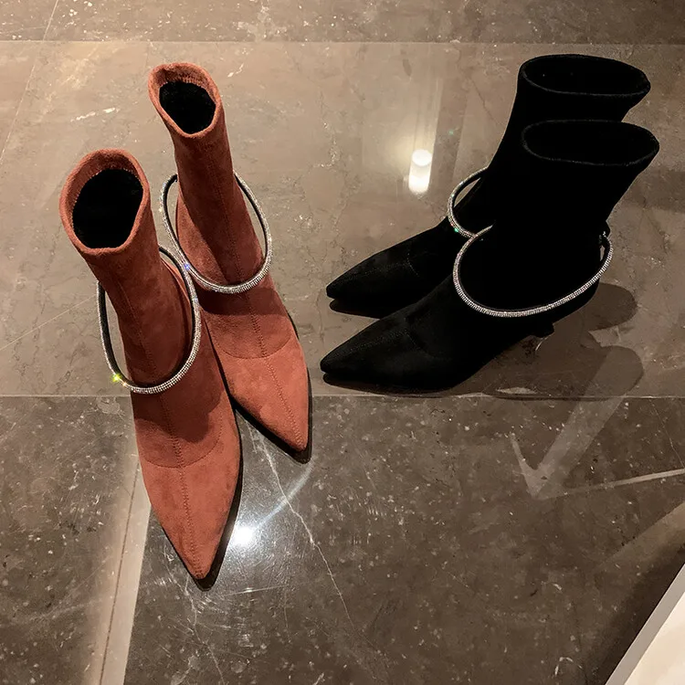 Cialisa Autumn Winter Stretch Ankle Boots Pointed Toe Thin High Heels Designer Shoes Lady Rhinestone Strap Woman Boot