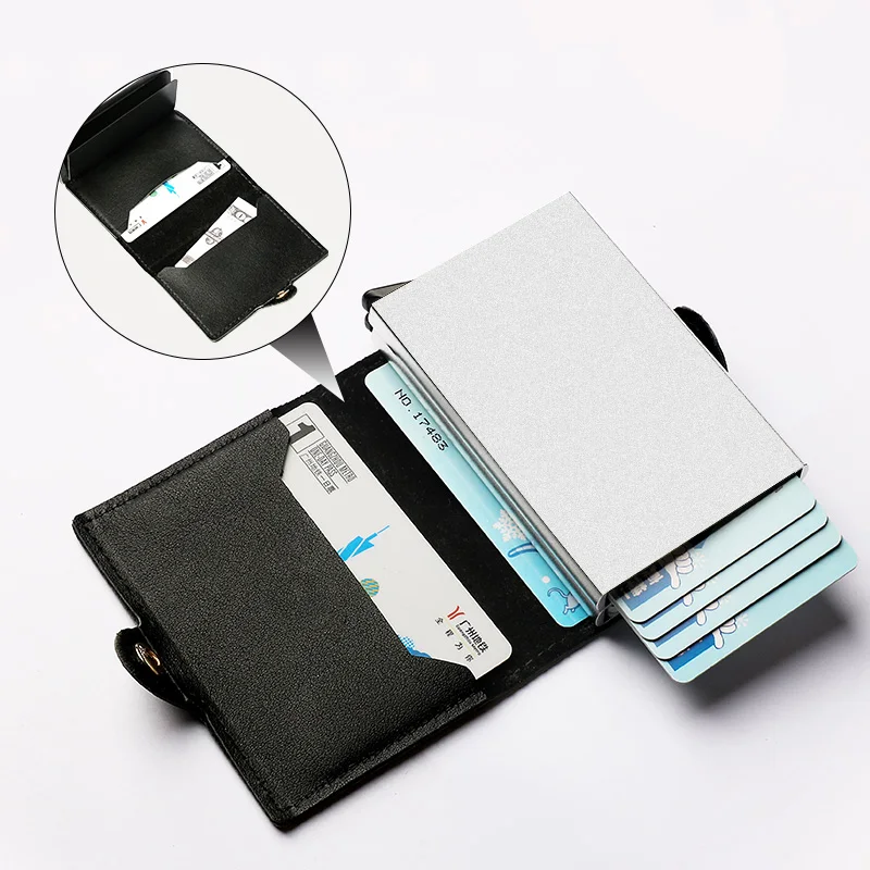 High Quality Premium Plain Texture Slim Anti Lost Vintage Handmade pu Leather Men pop up Purse Aluminum Card Holders