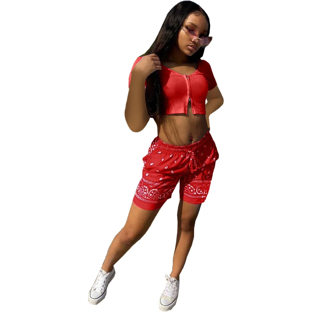 
2021 Wholesale New Arrivals Summer Casual Sexy S-XL Street Hip-hop Crop Top Short Pants Paisley Set Bandanna Outfits 