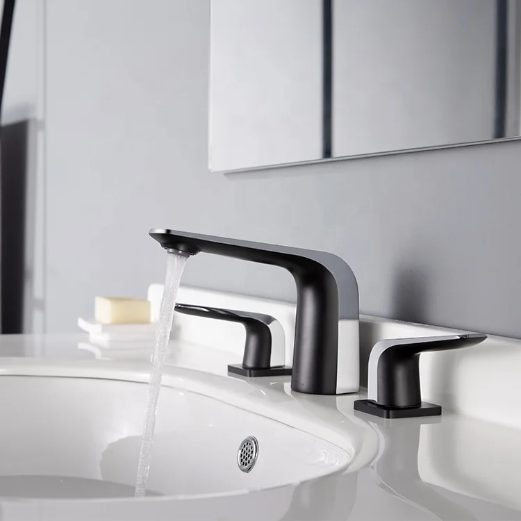 Black & Chrome Brass Bathroom Basin Sink Mixer Tap Widespread Dual Handles Modern Basin Faucet