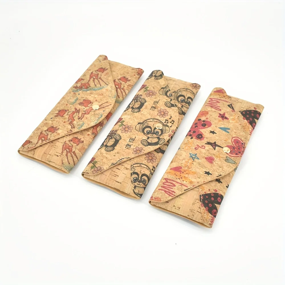Retro Pattern Long Flap Cork Purse Multifunctional Cork Pencil Case With Button Textured Cork Wallet
