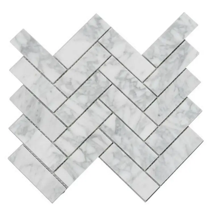 Custom Kitchen Backsplash Wall Stone Veneer Carrara Herringbone Polished White Marble Mosaic Tiles For Bathroom Floor Shower