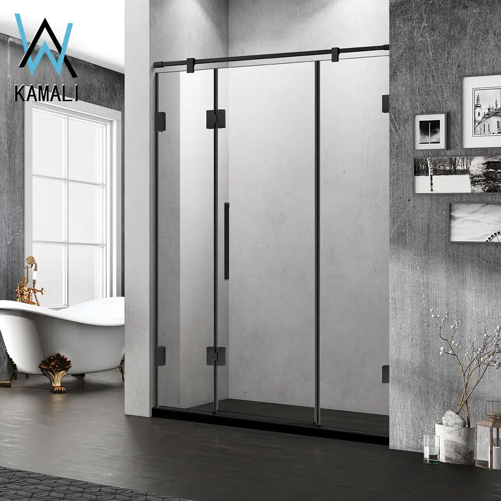 Kamali 3 panels luxury square walk in aqua glass shower doors black 1 meter self cleaning glass shower cabin
