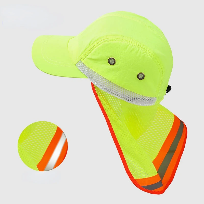 FF2637 Outdoor Sun Protection Visor Cap with Neck Flap Night Work Running Hat High Visibility Reflective Safety Baseball Caps