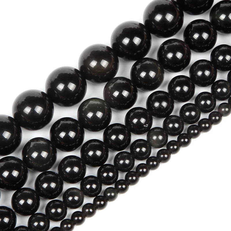 Natural Stone Smooth Black Obsidian Charm Round Loose Beads 4 6 8 10 12 14mm For Jewelry Making Needlework Bracelet Diy Accessor