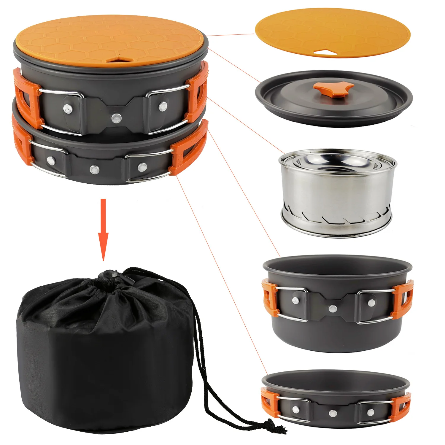 High Quality Portable Camping Cookware Set Durable Mini Folding Pot Aluminum Outdoor Camping Cookware Set with Storage Bag