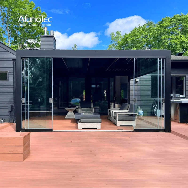 AlunoTec Motorized Garden Shed Bioclimatic Louvre Arches Roof Remote Control Outdoor Pergolas Outdoor Kitchen