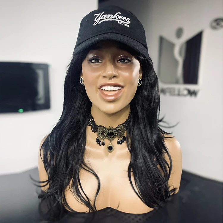 H9 Dark Brown Skin Color Head Mannequin Realistic Makeup Smiling Face Mannequins Female Head With Shoulders Busts