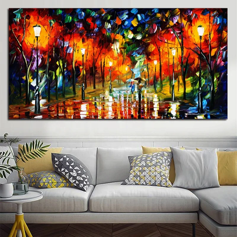Romantic Canvas Painting Landscape Walking In Rain Road Palette Knife Oil Paintings