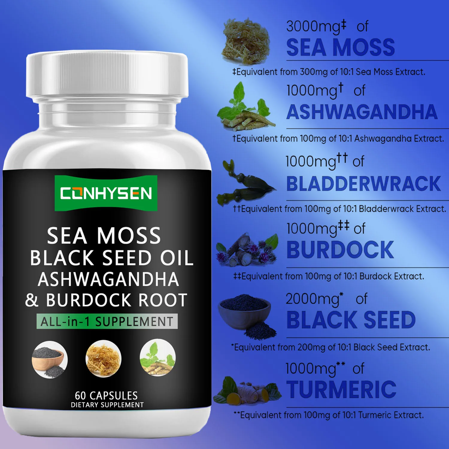 Private Label Sea Moss Capsules Herbal Supplements Black Seed Oil 95% Turmeric Extract Bladderwrack Burdock Root OEM
