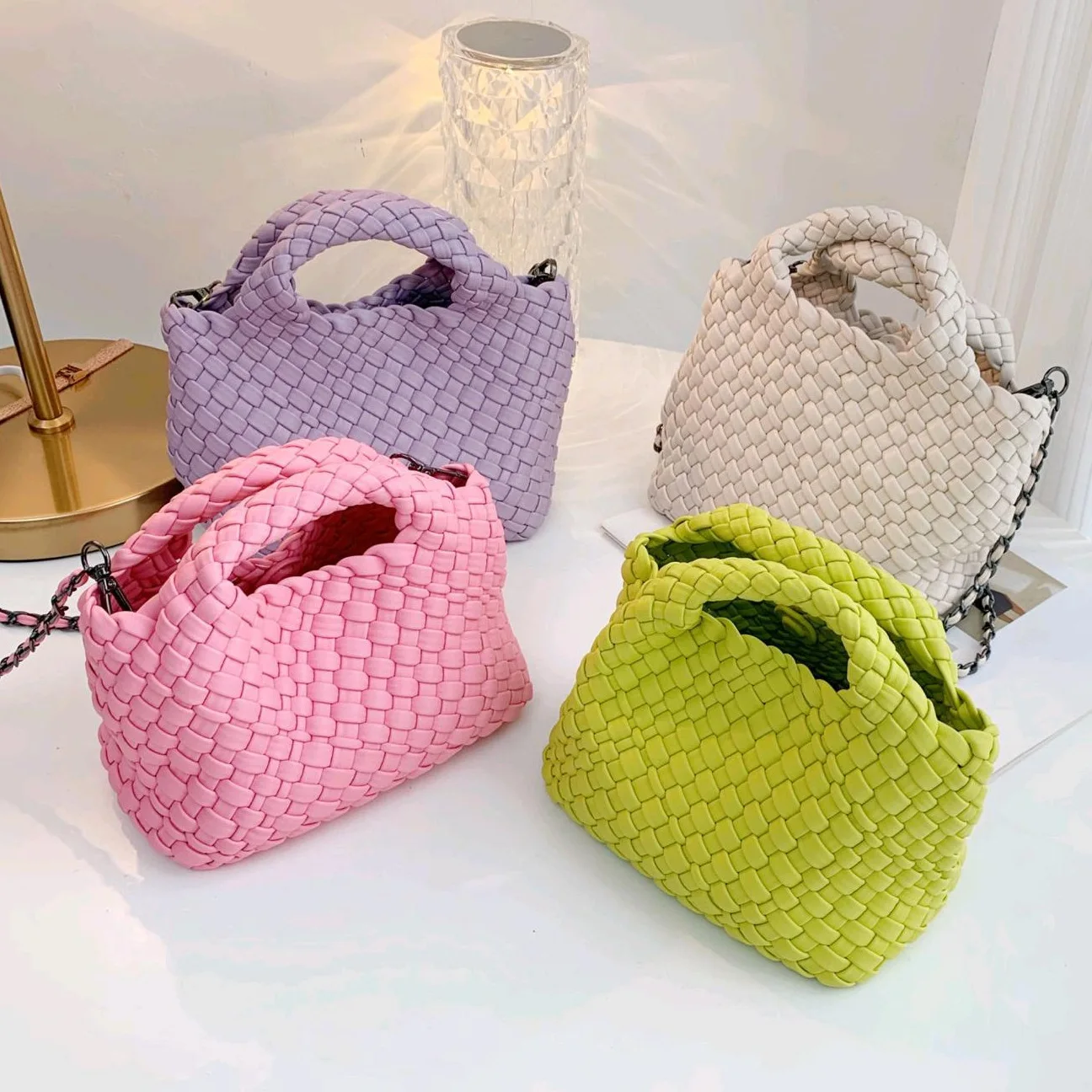 2PCS/Set Women Retro Large Capacity Handmade Woven Handbag Soft PU Leather Tote Bags With Small Woven Purse PU Weave Bag
